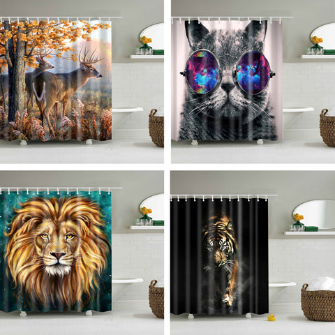 Image of Animals printed lion, tiger, cat 3d bath curtains waterproof polyester fabric washable bathroom shower curtain screen with hooks