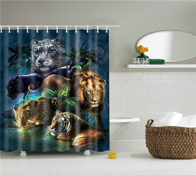 Animals printed lion, tiger, cat 3d bath curtains waterproof polyester fabric washable bathroom shower curtain screen with hooks