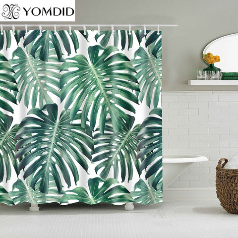 Image of Green Tropical Plants Shower Curtains Bathroom Polyester Waterproof Shower Curtain Leaves Printing Curtains for Bathroom Shower