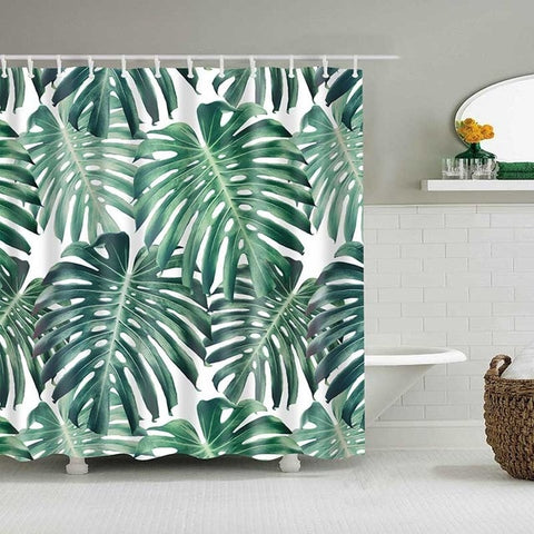 Image of Green Tropical Plants Shower Curtains Bathroom Polyester Waterproof Shower Curtain Leaves Printing Curtains for Bathroom Shower