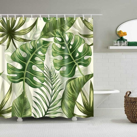 Image of Green Tropical Plants Shower Curtains Bathroom Polyester Waterproof Shower Curtain Leaves Printing Curtains for Bathroom Shower