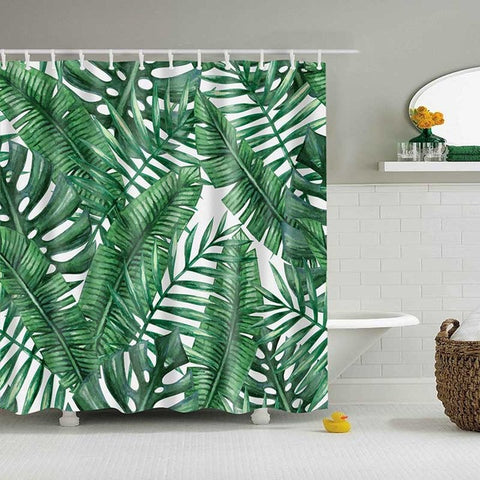 Image of Green Tropical Plants Shower Curtains Bathroom Polyester Waterproof Shower Curtain Leaves Printing Curtains for Bathroom Shower