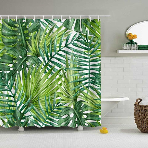 Image of Green Tropical Plants Shower Curtains Bathroom Polyester Waterproof Shower Curtain Leaves Printing Curtains for Bathroom Shower