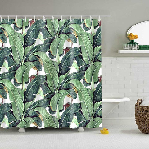 Image of Green Tropical Plants Shower Curtains Bathroom Polyester Waterproof Shower Curtain Leaves Printing Curtains for Bathroom Shower