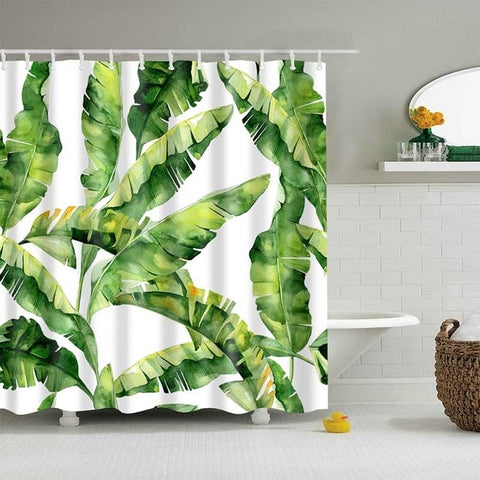 Image of Green Tropical Plants Shower Curtains Bathroom Polyester Waterproof Shower Curtain Leaves Printing Curtains for Bathroom Shower
