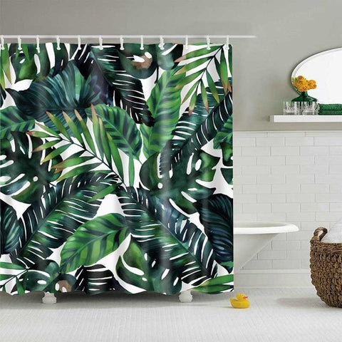 Image of Green Tropical Plants Shower Curtains Bathroom Polyester Waterproof Shower Curtain Leaves Printing Curtains for Bathroom Shower