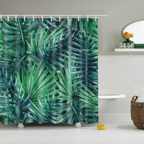 Image of Green Tropical Plants Shower Curtains Bathroom Polyester Waterproof Shower Curtain Leaves Printing Curtains for Bathroom Shower