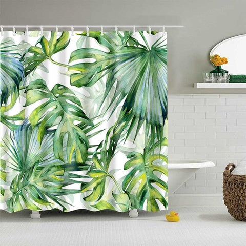 Image of Green Tropical Plants Shower Curtains Bathroom Polyester Waterproof Shower Curtain Leaves Printing Curtains for Bathroom Shower