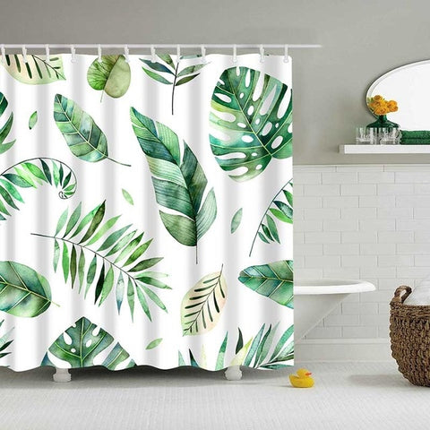 Image of Green Tropical Plants Shower Curtains Bathroom Polyester Waterproof Shower Curtain Leaves Printing Curtains for Bathroom Shower