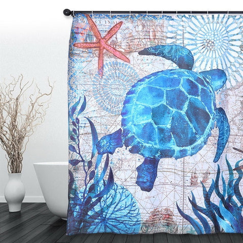Image of Sea Turtle Print Waterproof Shower Curtain Polyester Fabric Bath Curtain Octopus Washable Home Bath Decor Curtains With 12 Hooks