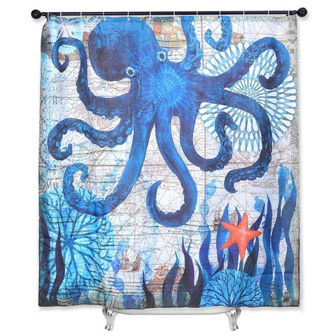 Image of Sea Turtle Print Waterproof Shower Curtain Polyester Fabric Bath Curtain Octopus Home Bathroom Curtains with 12 Hooks