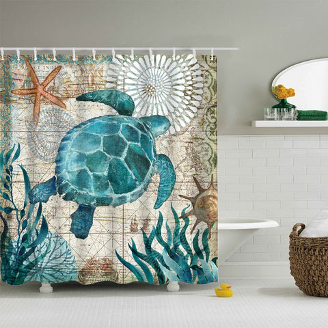 Image of Sea Turtle Print Waterproof Shower Curtain Polyester Fabric Bath Curtain Octopus Home Bathroom Curtains with 12 Hooks