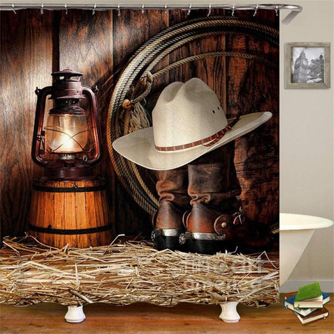 Image of Vintage Western Shower Curtain Art of Cowboy Riding Horse Towards Sunset High Quality Waterproof Curtain For Bathroom with Hooks