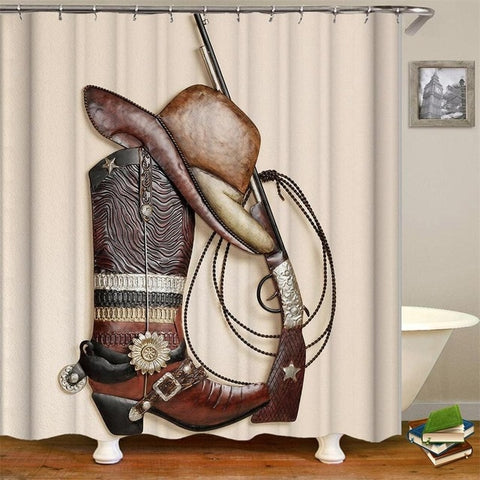 Image of Vintage Western Shower Curtain Art of Cowboy Riding Horse Towards Sunset High Quality Waterproof Curtain For Bathroom with Hooks