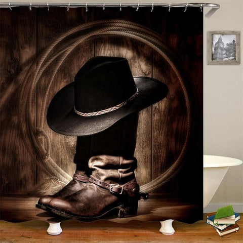 Image of Vintage Western Shower Curtain Art of Cowboy Riding Horse Towards Sunset High Quality Waterproof Curtain For Bathroom with Hooks