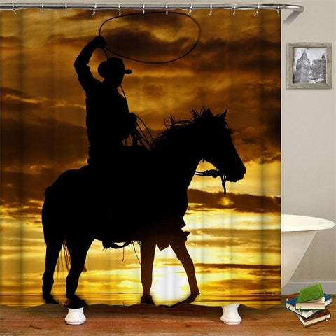 Image of Vintage Western Shower Curtain Art of Cowboy Riding Horse Towards Sunset High Quality Waterproof Curtain For Bathroom with Hooks