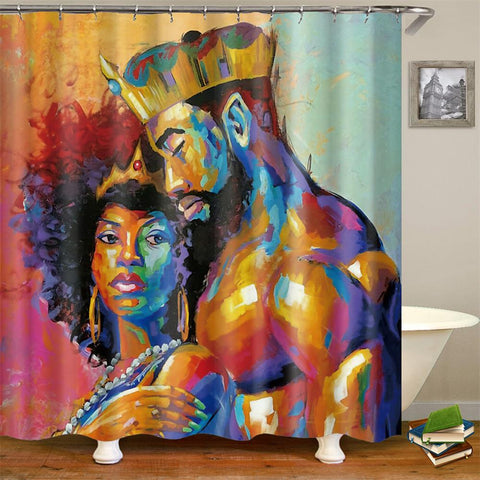 Image of King African American Lovers Couple Shower Curtains Painting Art Bath Curtain Liner Waterproof Polyester Bathroom With Hooks