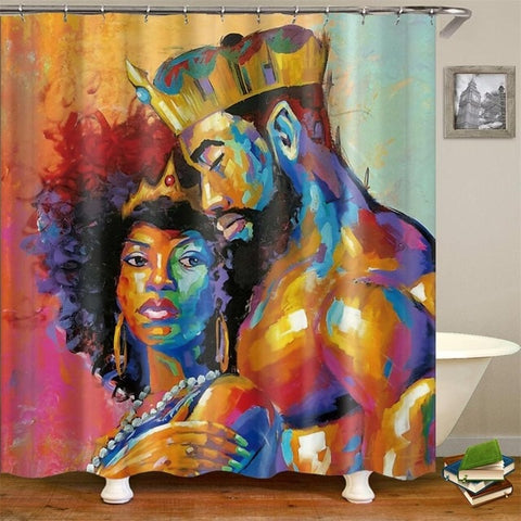 Image of King African American Lovers Couple Shower Curtains Painting Art Bath Curtain Liner Waterproof Polyester Bathroom With Hooks
