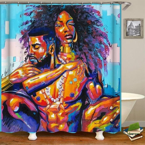 Image of King African American Lovers Couple Shower Curtains Painting Art Bath Curtain Liner Waterproof Polyester Bathroom With Hooks