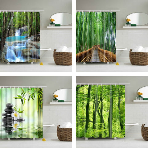 Image of Forest Trees Printed 3d Bath Curtains Waterproof Polyester Fabric Washable Bathroom Shower Curtain Screen with Hooks Accessories