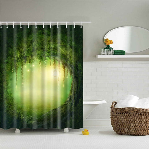 Image of Forest Trees Printed 3d Bath Curtains Waterproof Polyester Fabric Washable Bathroom Shower Curtain Screen with Hooks Accessories