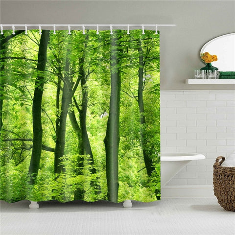 Image of Forest Trees Printed 3d Bath Curtains Waterproof Polyester Fabric Washable Bathroom Shower Curtain Screen with Hooks Accessories
