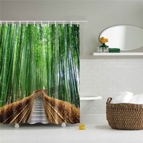 Image of Forest Trees Printed 3d Bath Curtains Waterproof Polyester Fabric Washable Bathroom Shower Curtain Screen with Hooks Accessories