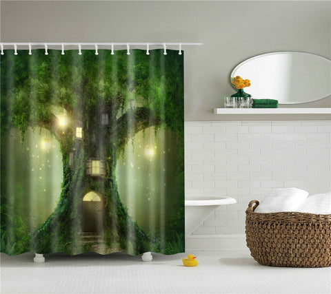 Image of Forest Trees Printed 3d Bath Curtains Waterproof Polyester Fabric Washable Bathroom Shower Curtain Screen with Hooks Accessories