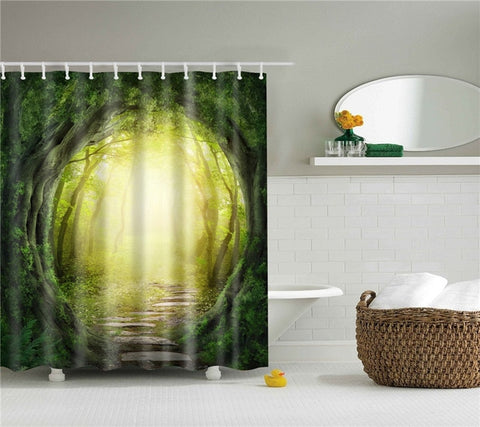 Image of Forest Trees Printed 3d Bath Curtains Waterproof Polyester Fabric Washable Bathroom Shower Curtain Screen with Hooks Accessories