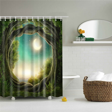 Image of Forest Trees Printed 3d Bath Curtains Waterproof Polyester Fabric Washable Bathroom Shower Curtain Screen with Hooks Accessories