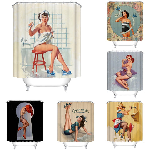 Image of Cartoon girl printed 3d bath curtains waterproof polyester fabric washable bathroom shower curtain screen with hooks accessories