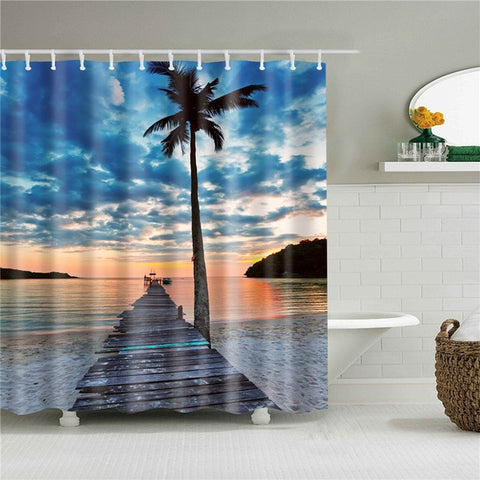 Image of Sea Beach Shell Printed Bath Screen High Quality Shower Curtains Waterproof Products with Hooks Decoration Bathroom