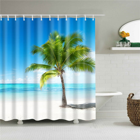 Image of Sea Beach Shell Printed Bath Screen High Quality Shower Curtains Waterproof Products with Hooks Decoration Bathroom