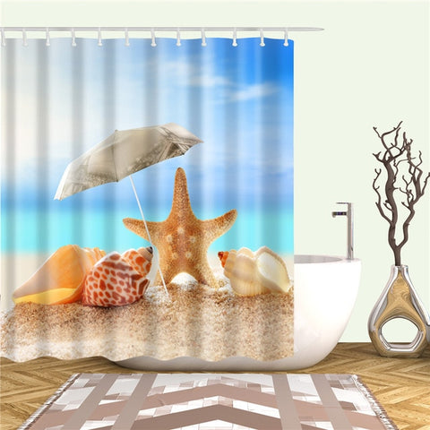 Image of Sea Beach Shell Printed Bath Screen High Quality Shower Curtains Waterproof Products with Hooks Decoration Bathroom