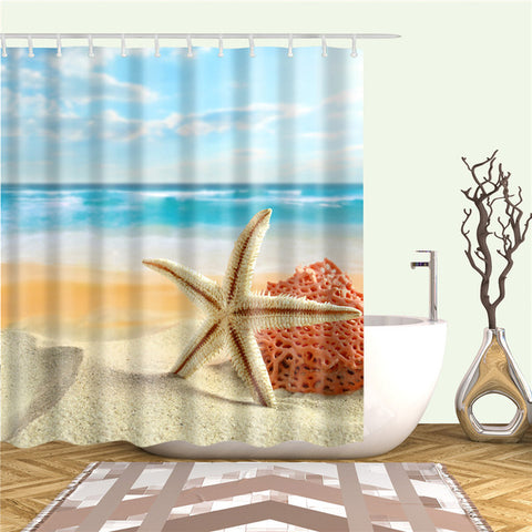 Image of Sea Beach Shell Printed Bath Screen High Quality Shower Curtains Waterproof Products with Hooks Decoration Bathroom