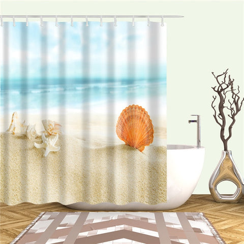 Image of Sea Beach Shell Printed Bath Screen High Quality Shower Curtains Waterproof Products with Hooks Decoration Bathroom