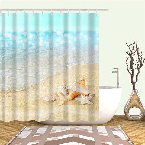 Image of Sea Beach Shell Printed Bath Screen High Quality Shower Curtains Waterproof Products with Hooks Decoration Bathroom