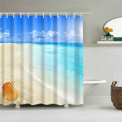 Image of Sea Beach Shell Printed Bath Screen High Quality Shower Curtains Waterproof Products with Hooks Decoration Bathroom
