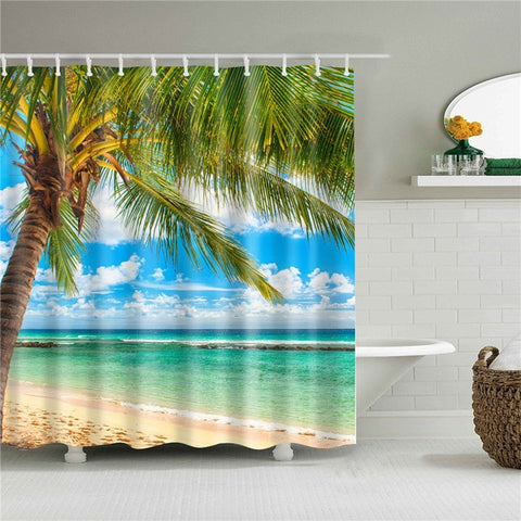 Image of Sea Beach Shell Printed Bath Screen High Quality Shower Curtains Waterproof Products with Hooks Decoration Bathroom