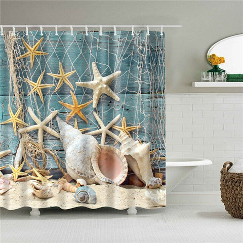 Image of Sea Beach Shell Printed Bath Screen High Quality Shower Curtains Waterproof Products with Hooks Decoration Bathroom