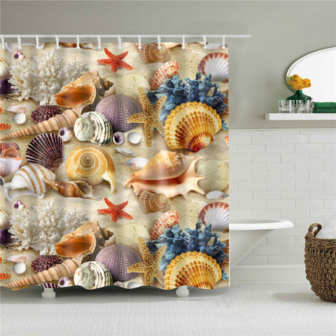Image of Sea Beach Shell Printed Bath Screen High Quality Shower Curtains Waterproof Products with Hooks Decoration Bathroom