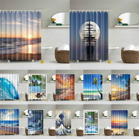 Image of Shower Curtain Seascape Pattern High Quality Waterproof Polyester Fabric Bathroom Shower Curtain Bathroom Decor