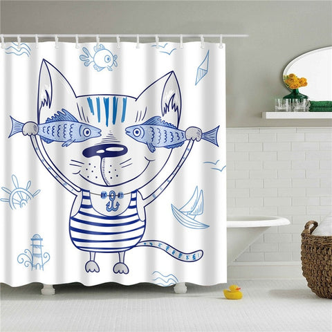 Image of New Nordic Cartoon Cat Printing Bath Waterproof Shower Curtains Bathroom Curtain Washable Polyester Screen for Bath Decoration
