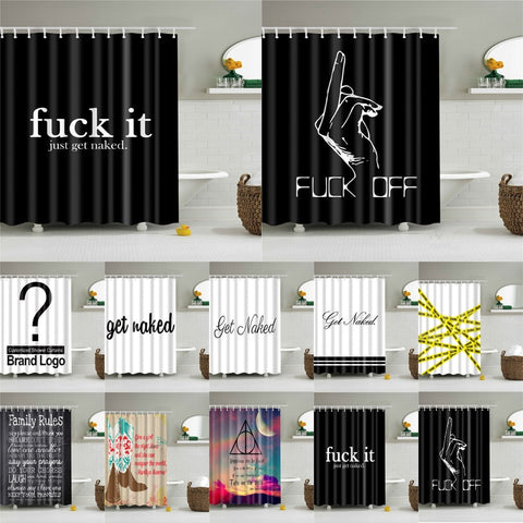 Image of Letters Pattern Shower Curtains Bathroom Curtain Thicken Waterproof Bath Curtain with Plastic 12 Hooks for Home Decoration