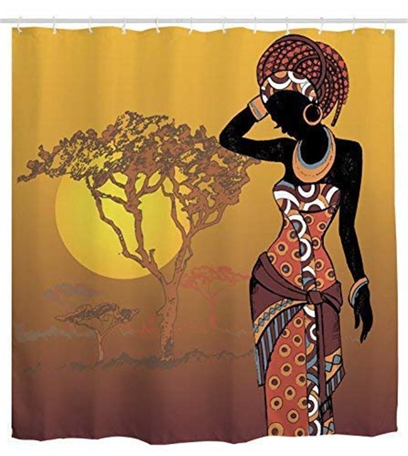 African Woman Shower Curtain Sunset Tree Water Repellent Fabric Bath Curtains