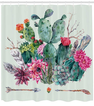 Cactus Decor Shower Curtain Spring Garden with Boho Style Bouquet of Thorny Plants Blooms Arrows Feathers Multicolor