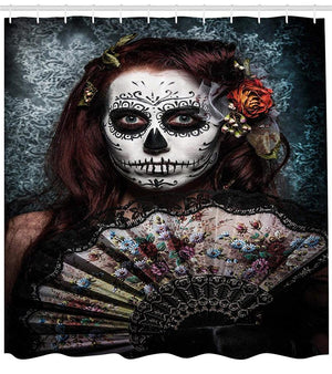 Day of The Dead Decor Shower Curtain Make up Artist Girl with Dead Skull Scary Mask Roses Print Cadet Blue Maroon