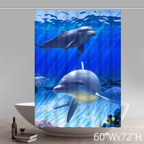 Image of Bathroom Shower Curtain Underwater World Dolphin Fish Art Ocean Animal Print Design