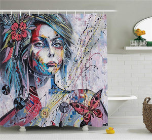 Fantasy Portrait of a Girl with Floral and Geometric Details Butterflies Color Splashes Polyester Bathroom Decor Set with Hooks