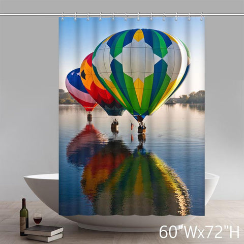 Image of Geometric Colorful Hot-air Balloons flying in the sky shower curtain